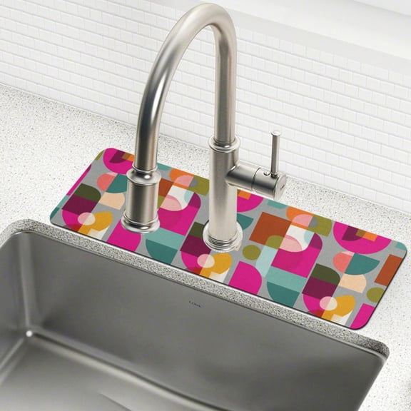 Yayeee Faucet Mat for Kitchen Sink 14.7" Diatomite Long Splash Guard Pad, Abstract Geometric Pattern