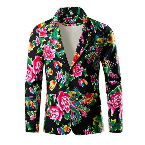 Nmnitkp Men's Dress Party Floral Suit Jacket Notched Lapel Slim Fit Two Button Stylish Blazer & Men's Northeast Large Flower Single Row Button Pocket Suit Jacket(Plus Size)