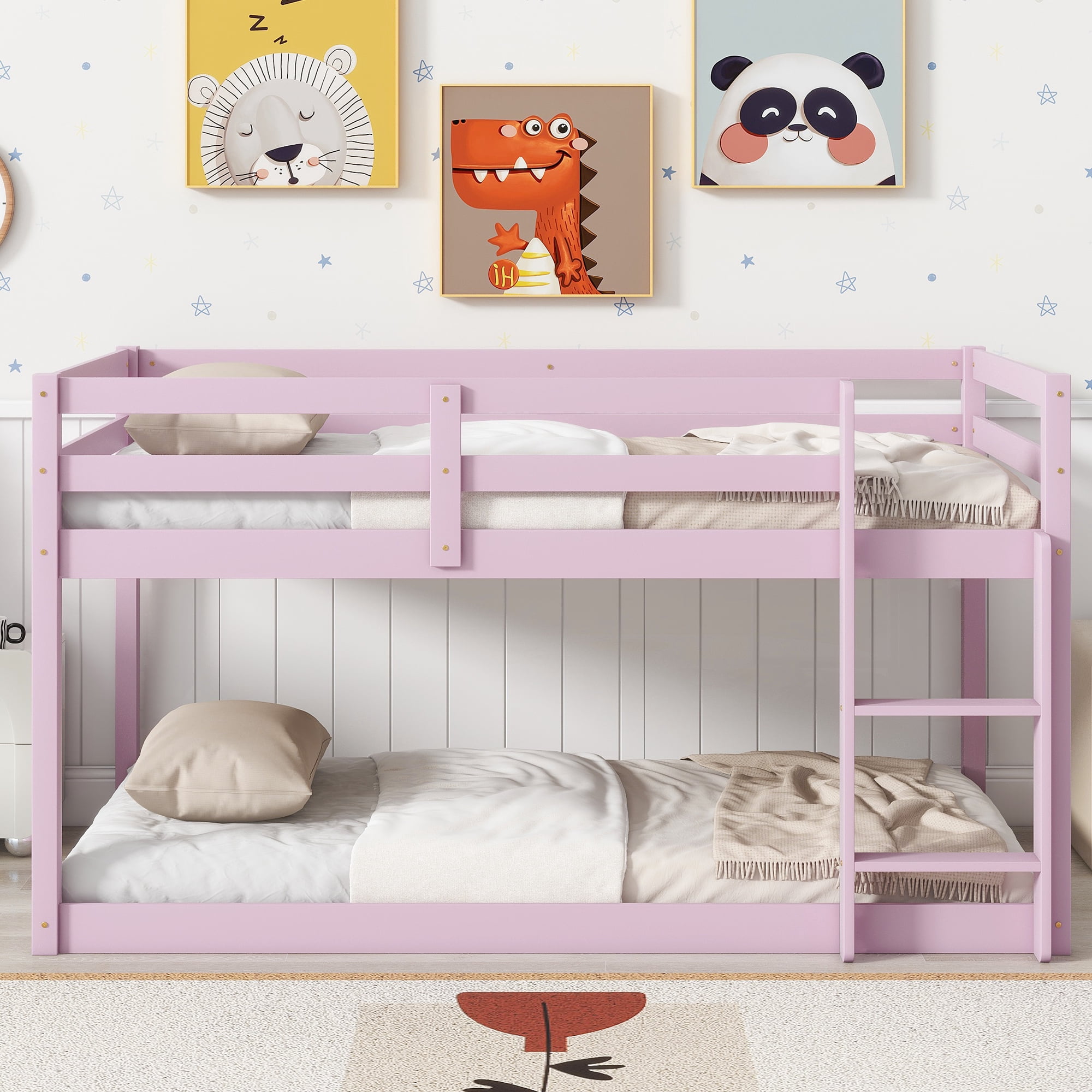 Miniyam Wood Twin over Twin Floor Bunk Bed with Ladder and Guardrails, Pink
