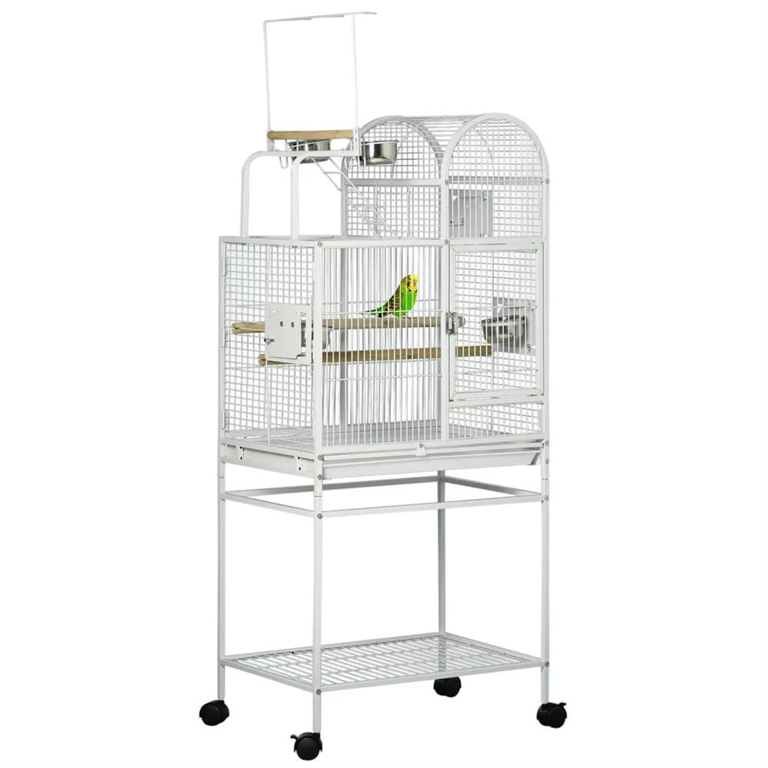 Pefilos 64" Height Large Flight Cage, Bird Cage with Rolling Stand, Hooks Above, Perch, Tray, Food Cups for Parrots Conures Lovebird Cockatiel Parakeets, White