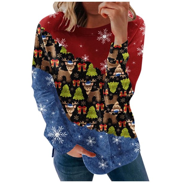 Sudaderas de cuello redondo de Navidad de manga larga para mujer, suéter holgado informal, blusa con estampado de Papá Noel y gato bonito Fridja FKASFK209