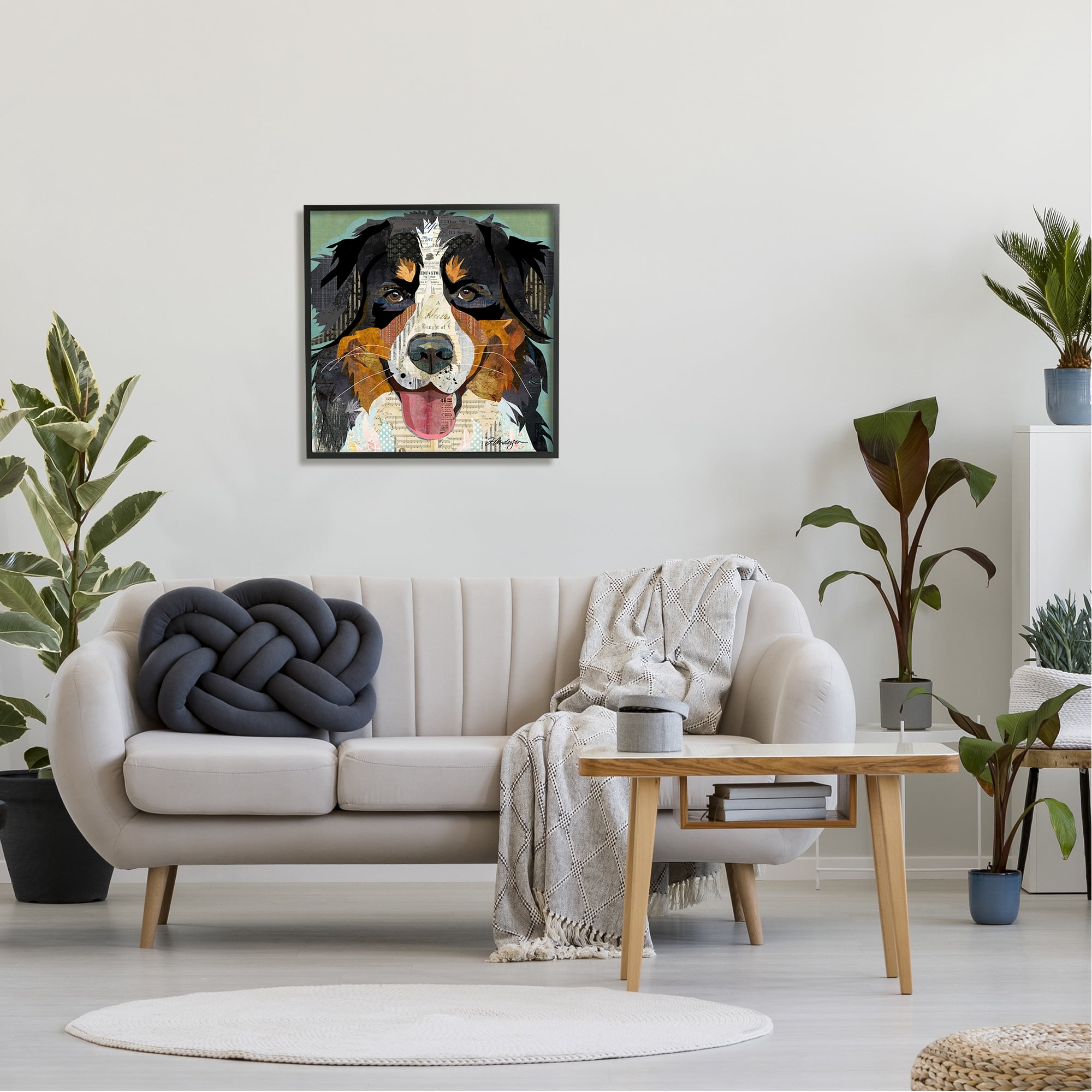 Stupell Industries Bernese Mountain Dog Portrait Layered Ephemera Collage Graphic Art Black Framed Art Print Wall Art, Design by Traci Anderson