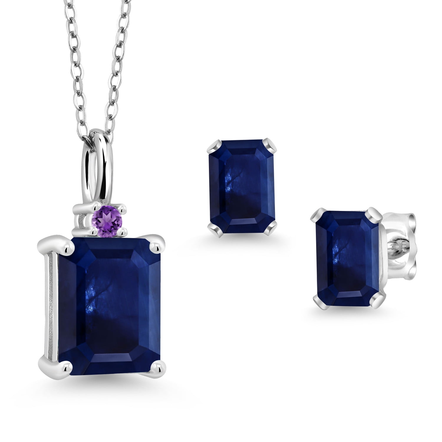 Gem Stone King 3.70 Ct Octagon Blue Sapphire 925 Sterling Silver Pendant and Earrings Jewelry Set