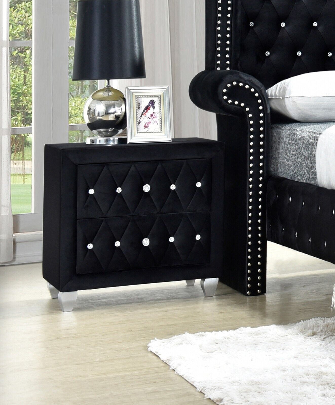 Modern 4Pc Queen Size Bed Dresser Mirror Nightstand Set Master Bedroom  Furniture Black Velvet