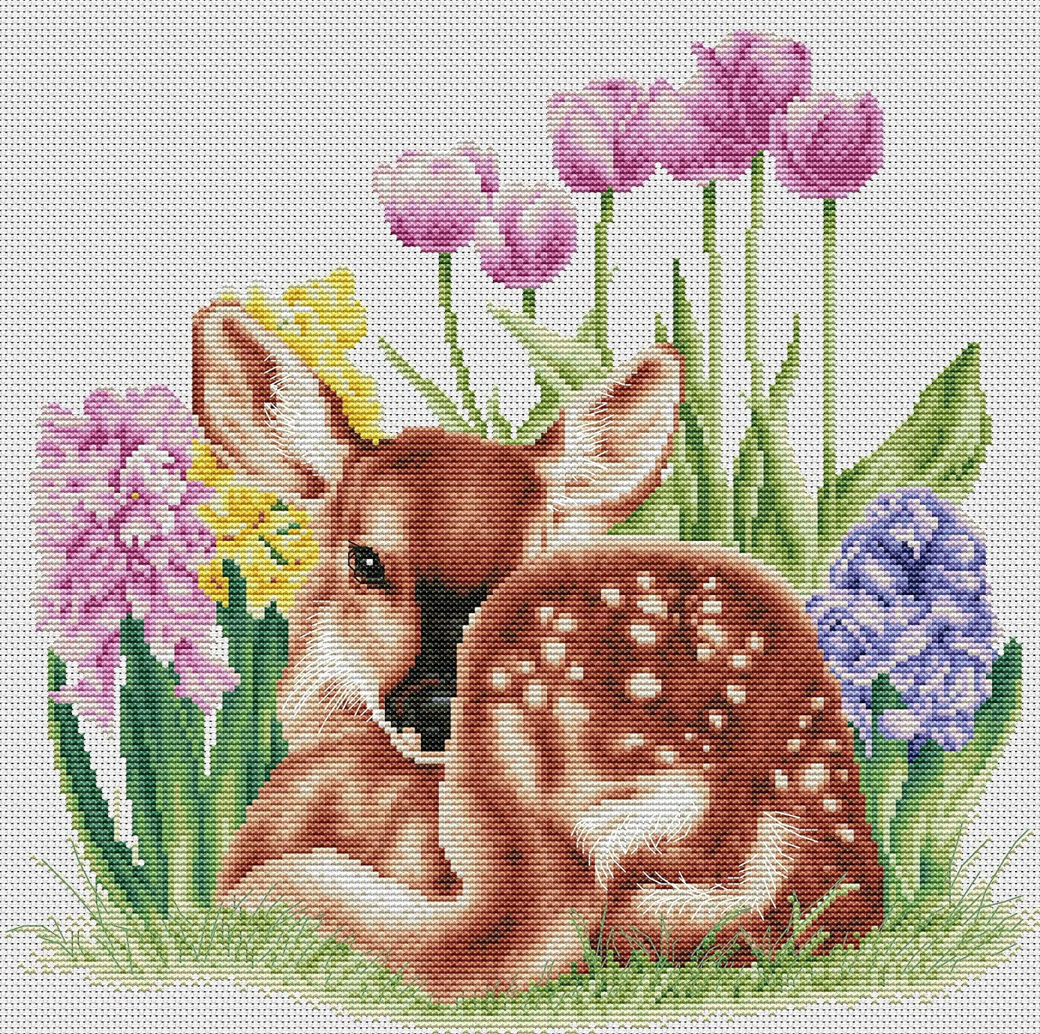 Maydear Cross Stitch Kits Stamped Full Range of Embroidery Starter Kits for Beginners DIY 14 CT 2 Strands Fawn Among The Flowers