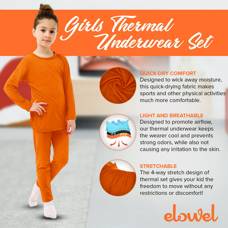 Elowel Thermal Underwear Set for Girls Kids Thermals Base Layer Medium  Orange