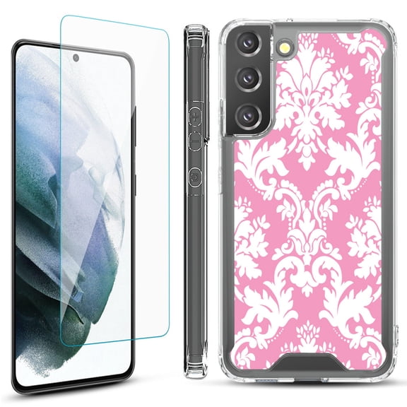 Shockproof Bumper Phone Case for Samsung Galaxy S22  / S22 Plus 5G, with Tempered Glass Screen Protector, by OneToughShield ® - Victorian White/Pink