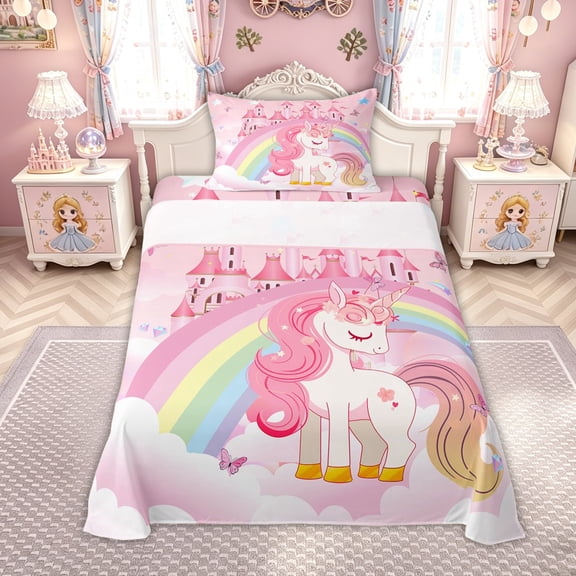 meiyoeat Magical Unicorn Castle Twin Sheets for Kids Girls, Rainbow Princess Style Bedding, Pink White, 3 Pieces