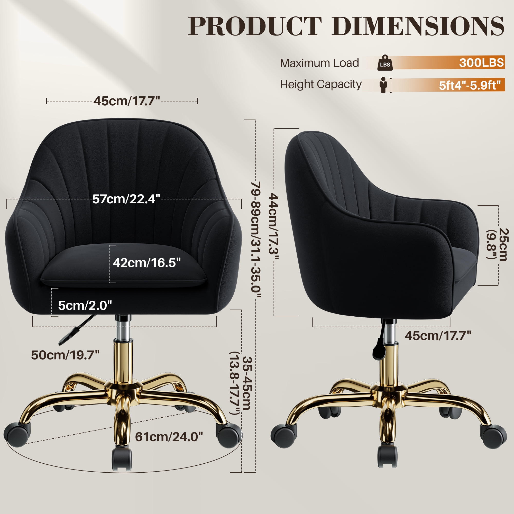 COOLHUT Office Desk Chair with Padded, Velvet Vanity Chair with Back and Wheels, Comfy Home Office Chiar with Gold Legs, Height Adjustable, Rolling Chair for Vanity Room, Makeup Room, Bedroom, Black