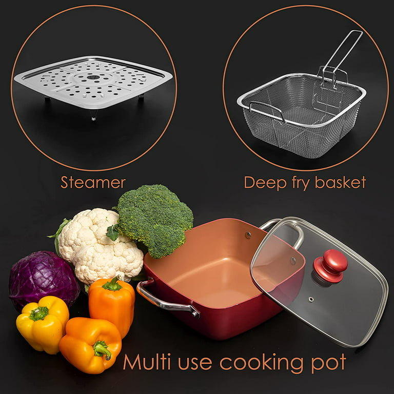 Moss & Stone Copper 5 Piece Set Chef Cookware, Non Stick Pan, Deep Square  Pan, Fry Basket, Steamer Tray, Dishwasher & Oven Safe, 5 Quart Copper Pot  Set, Red Induction Cookware Set 