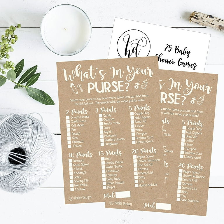 25 Kraft Rustic What's In Your Purse Baby Shower Game, Funny Ideas