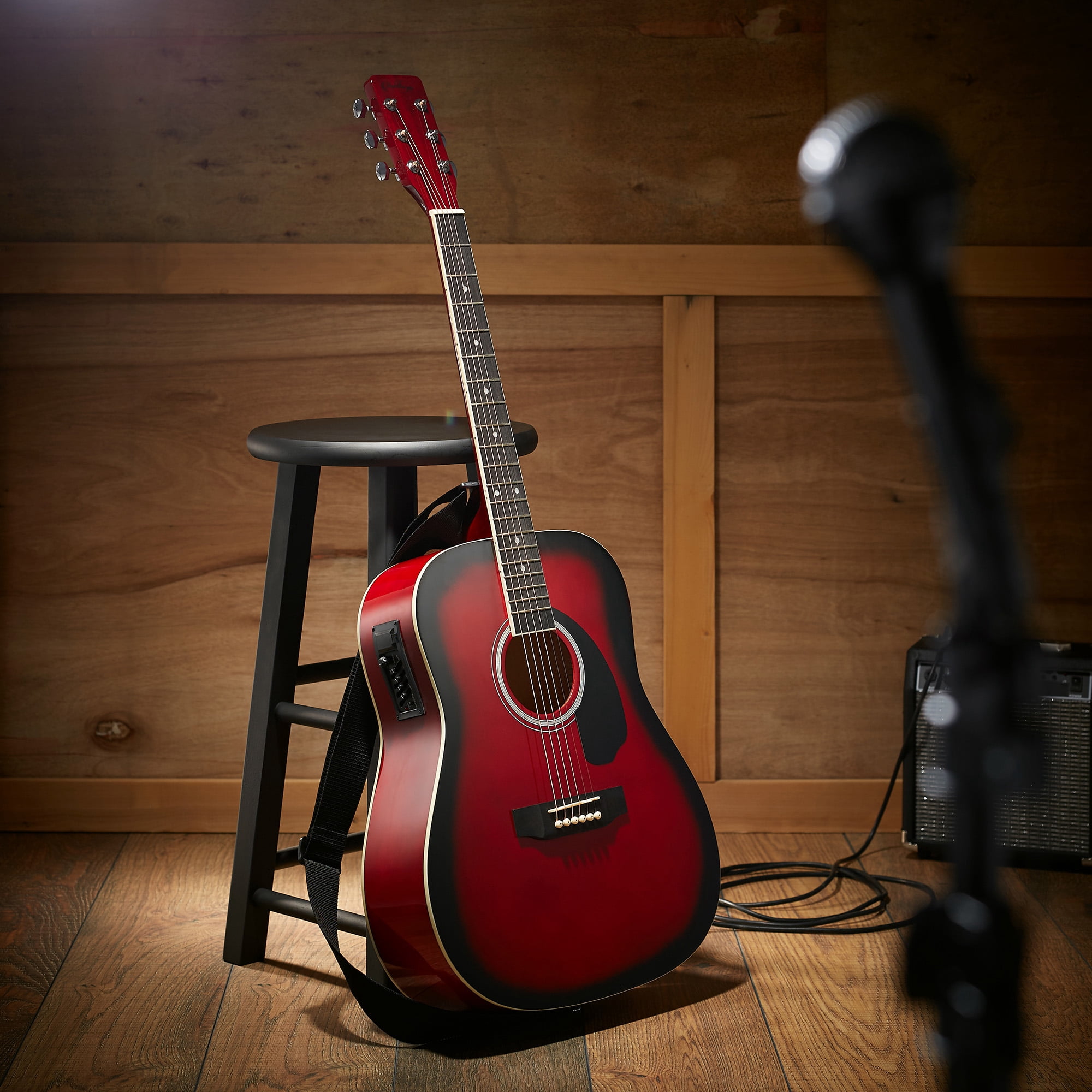 Ashthorpe Full-Size Dreadnought Acoustic Electric Guitar Package, Red