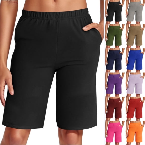 Bmisegm Womens Casual Summer Shorts Bermuda Wide Leg Knee Length Elastic Waisted Lightweight Comfy Lounge Shorts with Pocket Black_002 L