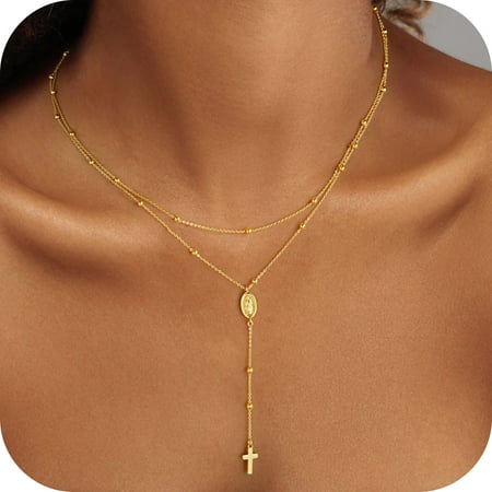 Turandoss Lariat Gold Cross Necklace for WomenDainty 14K Gold Plated Y Shaped Cross Pendant Necklace Long Layered Necklaces for Women Beaded Lariat Necklaces Jewelry for Womens Gifts