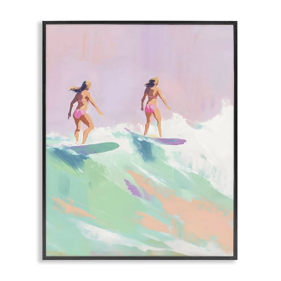 Stupell Industries Two Surfing Girls on Wave Black Framed Giclee Art, design by The Prints Vibe