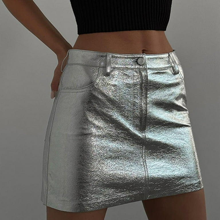 Metallic Silver Color Faux leather Skirt Women Low Waist A lined Bright  Color Mini Short Skirts Wrap Hip Skirt