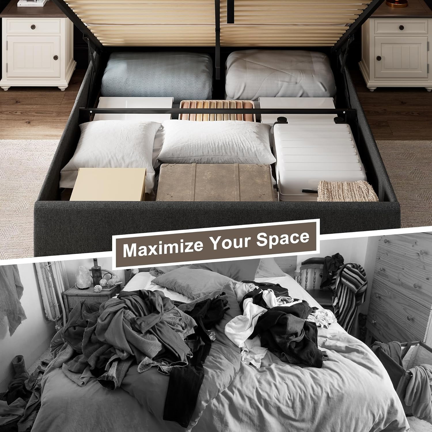 iPormis Queen Size Bed Frame with Lift up Storage & Wingback Headboard, Upholstered Linen Bed Frame with Storage, Hydraulic Storage,Dark Gray