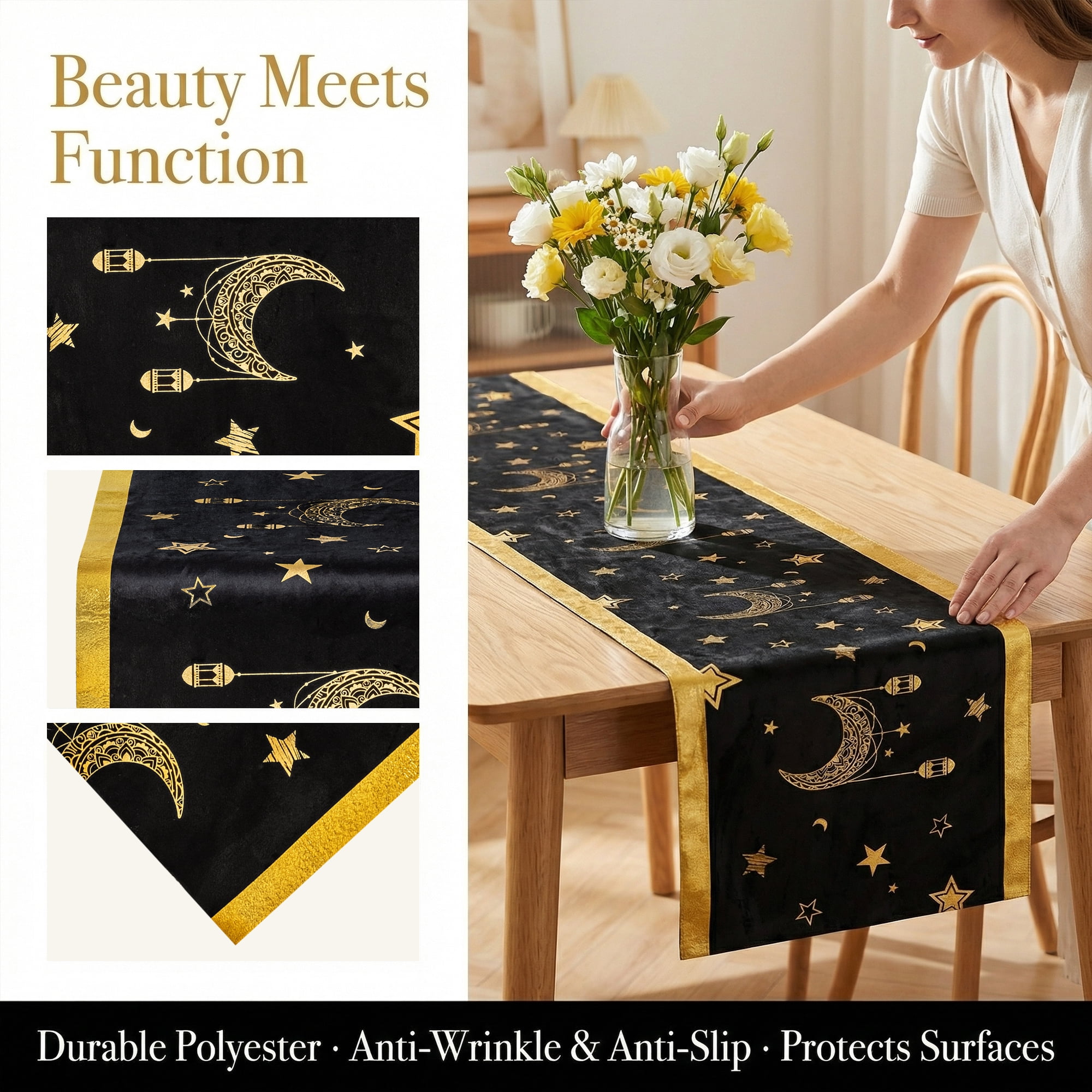 Unique Bargains Long Polyester Kitchen Runner Table Runner for Decor Black 13"x63"