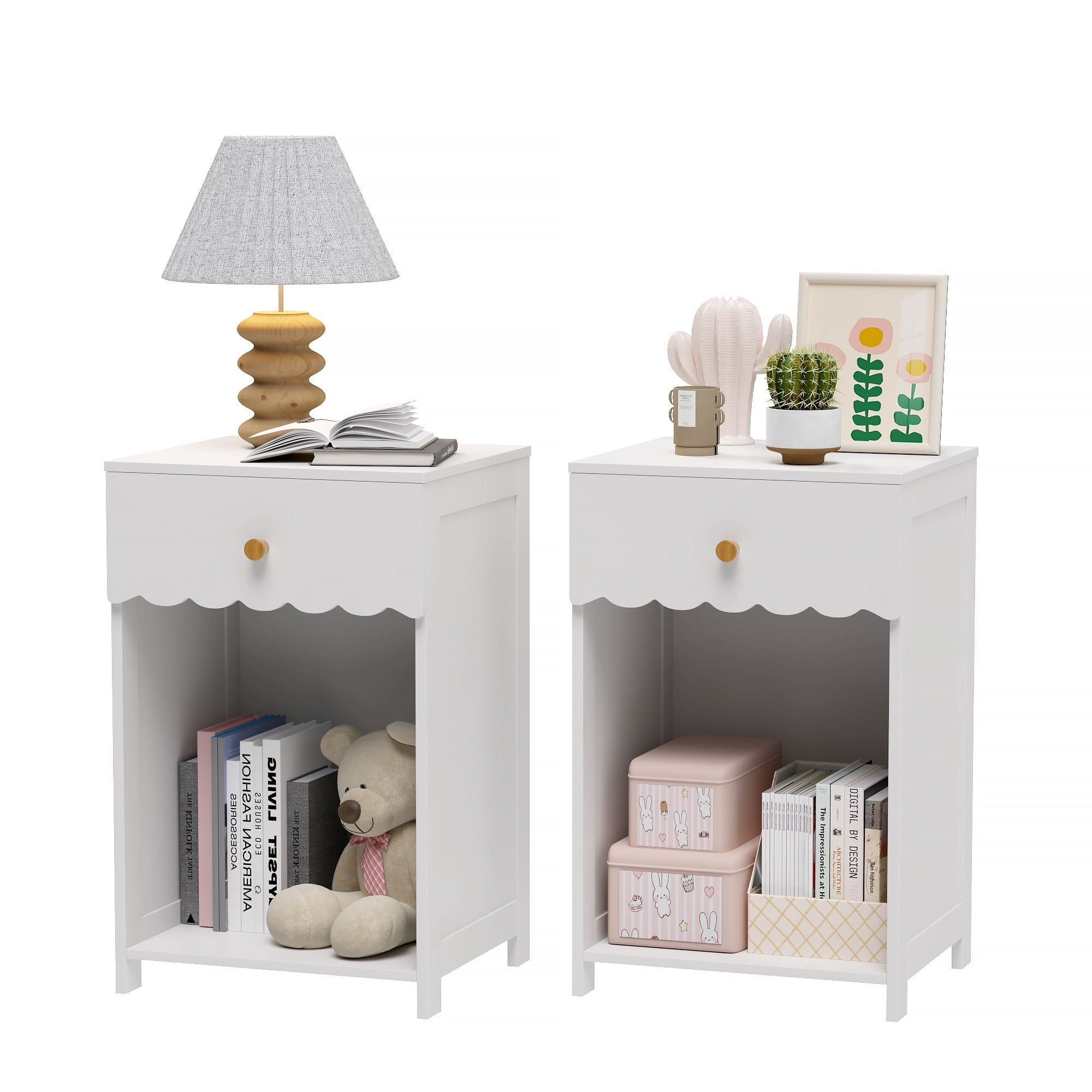 Yoneston Elegant Open Shelf Nightstand with Drawer Storage for Kid's Room Bedside Bedroom, Snow White