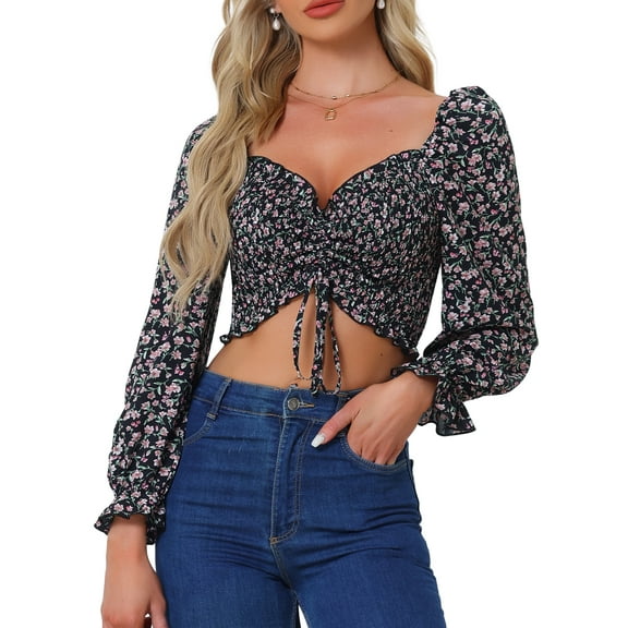 INSPIRE CHIC Smocked Floral Crop Top for Women's Square Neck Drawstring Front Puff Sleeve Summer Blouse Black XS