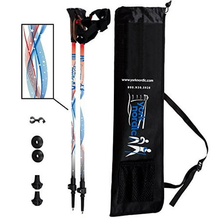 York Nordic Stars & Stripes Walking Poles - Red, White, and Blue Design - Choice of Grips - 2 Poles, Tips & Bag