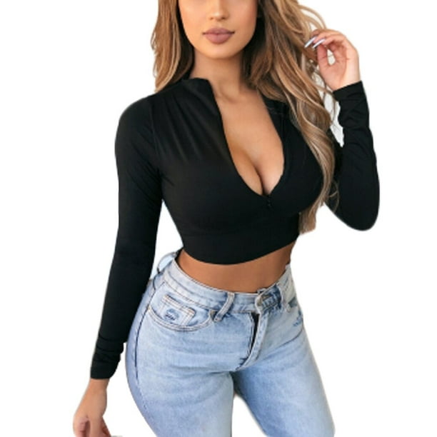 Womens Zipper Sexy V Neck T Shirt Blouse Ladies Long Sleeve Slim