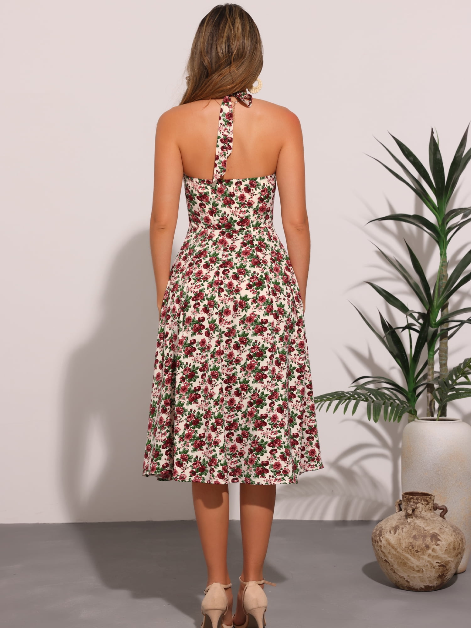 DARING DIVA Women's Halter Sleeveless Lace Up Floral Midi Dresses XS Beige Rose