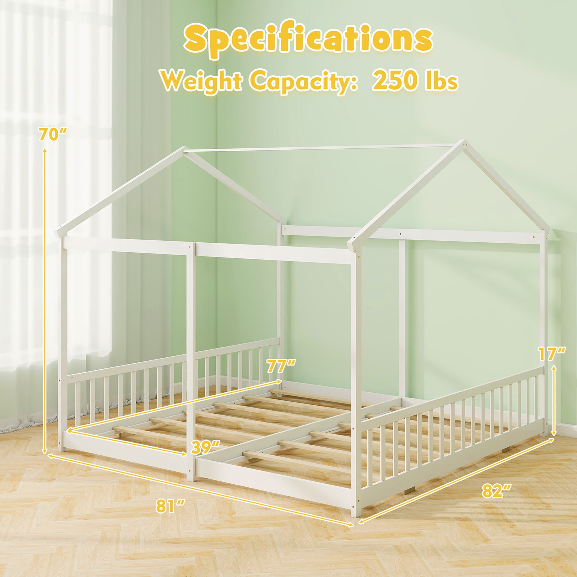 Gymax Double Floor Bed w/ Safety Guardrails No Box Spring Needed for Teens Boys Girls White