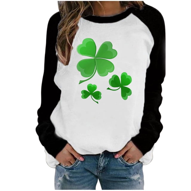 Bowake Chandail en Molleton pour Femmes de la Saint-Patrick Imprimé Col Rond Manches Longues Raglan Haut Décontracté Ample