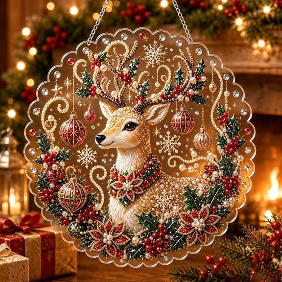 Christmas Pearl Diamond Art Kit for Adults | DIY Pearl Diamond Painting Suncatcher with 3D Mixed-Size Beads, Lace-Edge Acrylic Hanging Ornament, Pre-Attached Metal Chain Great Christmas Decor
