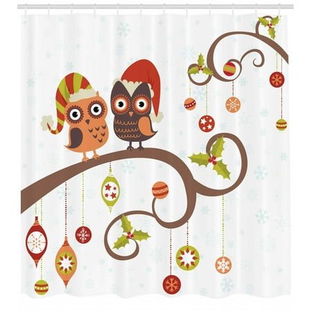 Christmas Shower Curtain Owls On Celebrating Twiggy Tree Branches