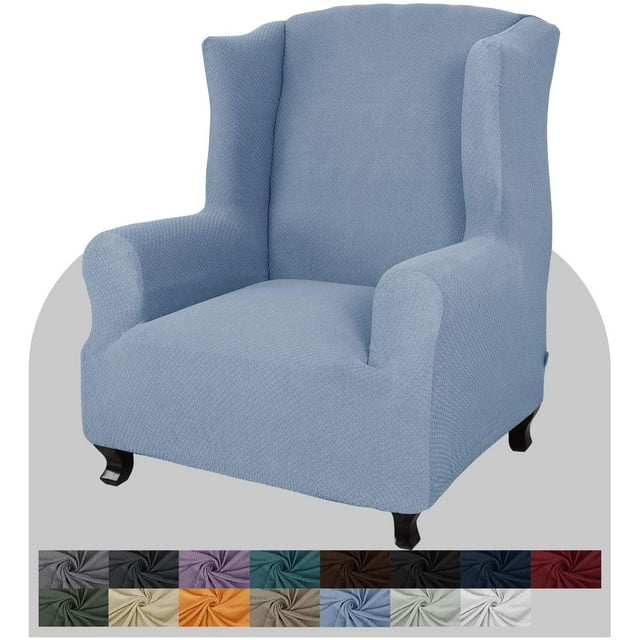 Super Stretch Wingback Chair Slipcover 1-Piece Soft Spandex Jacquard Wing Chair Cover Living Room Slipcovers for Wingback Chairs with Foam Rods (Wingback Chair, Light Blue)