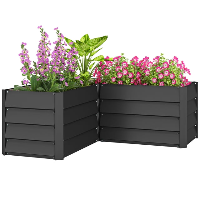 Outsunny L-Shaped Galvanized Steel Raised Garden Bed, Dark Grey