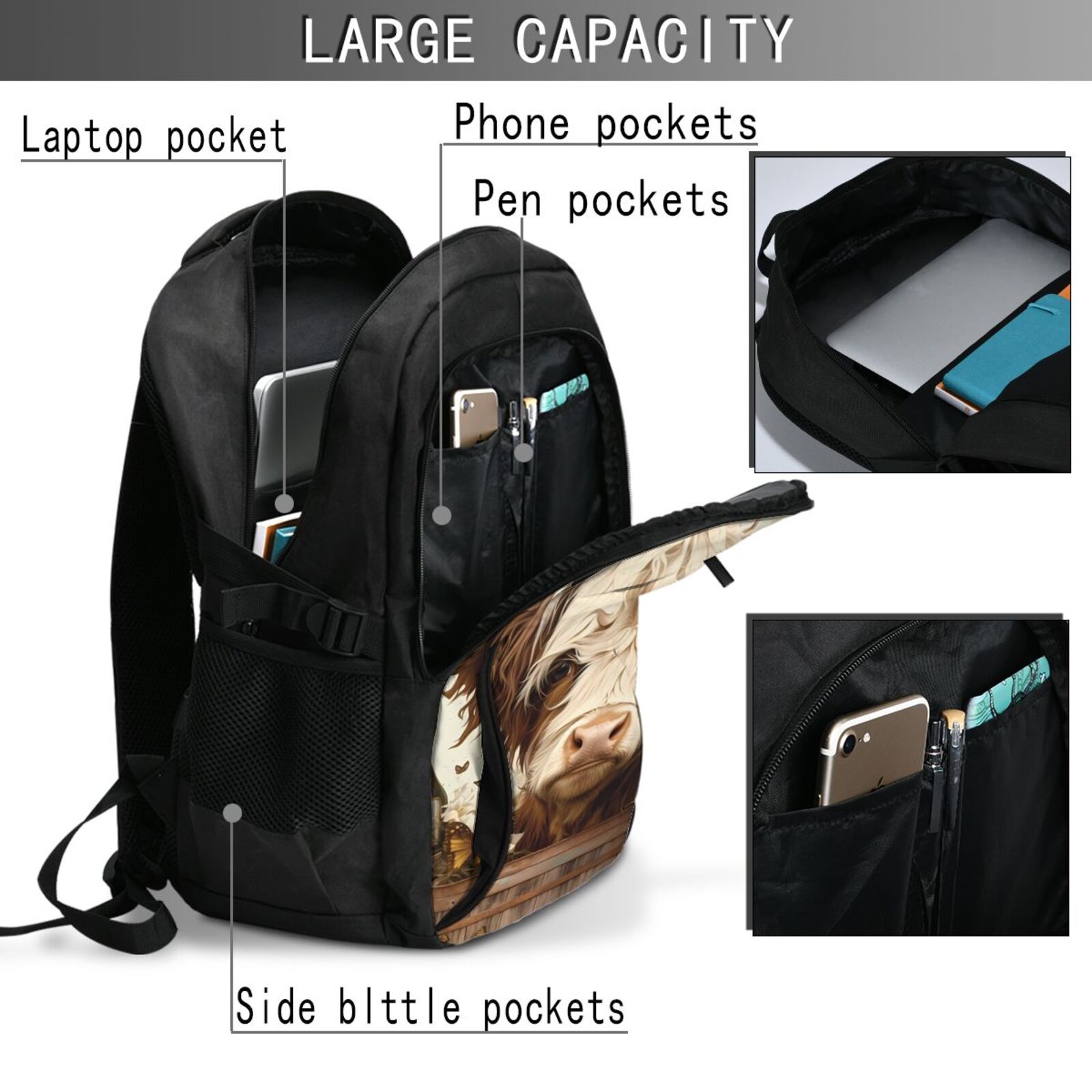 Horeoi Butterfly Cow Barrel Print USB Backpack for Travel School Work with Laptop Compartment Charging Port and Anti-Theft Pocket