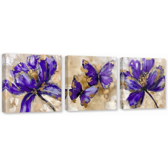 ZHONGYUTONG 3 Piece Flower Canvas Wall Art Butterfly and Lotus Pictures Wall Decor Floral Painting for Living Room Decor Framed (10.00" x 10.00" x 3PCS)
