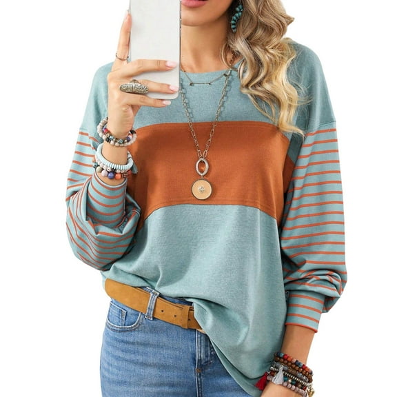 Women Long Sleeve Tops Oversized Trendy Round Crew Neck Casual Color Block Womens Shirts Blouses Bean Green L