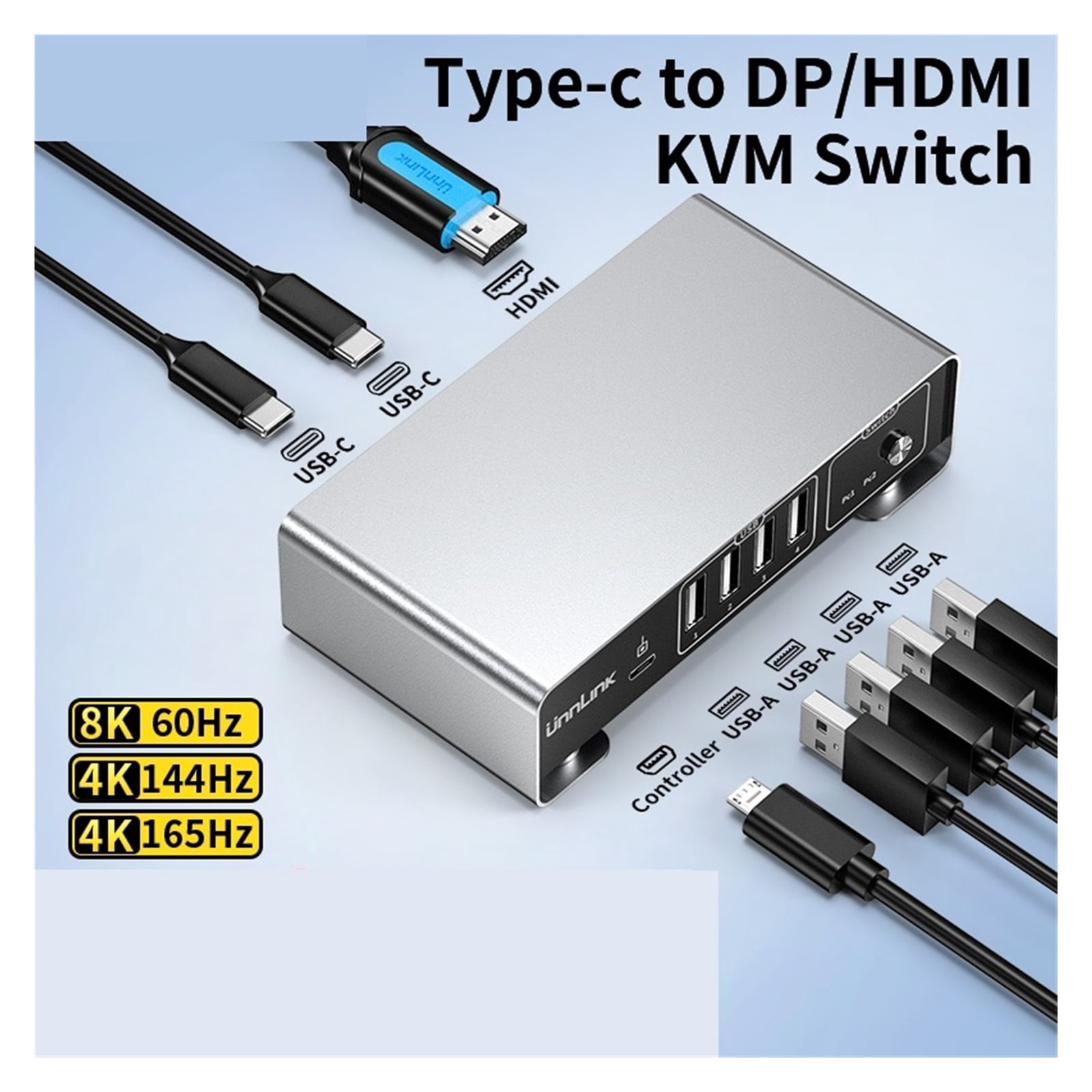 USB C KVM Switch Type-C To DP KVM Switcher 4K 144Hz 2 PCs Sharing Display Printer Keyboard Mouse U Disk Converter