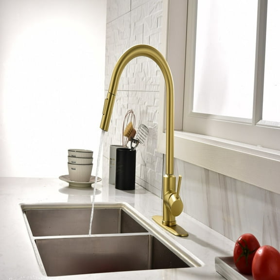16.5" Brushed Gold Sensor Kitchen Faucet - Touchless Pull-Down Sprayer with Dual Mode, Single Hole Installation for Modern Kitchens
