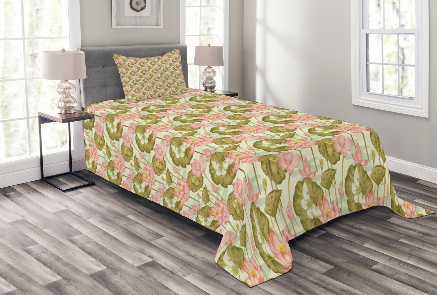 Asian Bedspread Set, Exotic Foliage with Butterflies Watercolor Brush