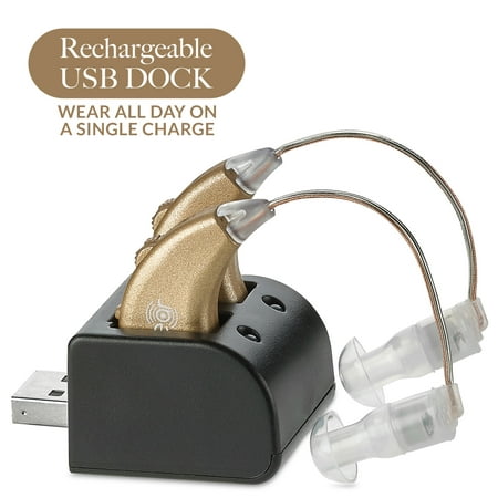 Digital Hearing Amplifiers - Rechargeable BTE Personal Sound Amplifier Pair with USB Dock - Premium Gold Behind the Ear Sound Amplification - By (Best New Hearing Aids)