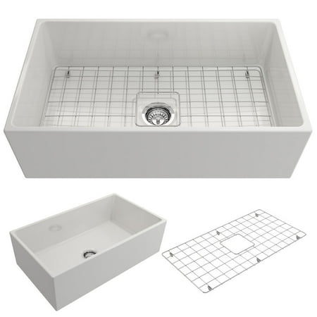 BOCCHI Contempo Apron Front Fireclay 33 in. Single Bowl Kitchen Sink with Protective Bottom Grid and Strainer in (Best Fireclay Apron Sinks)