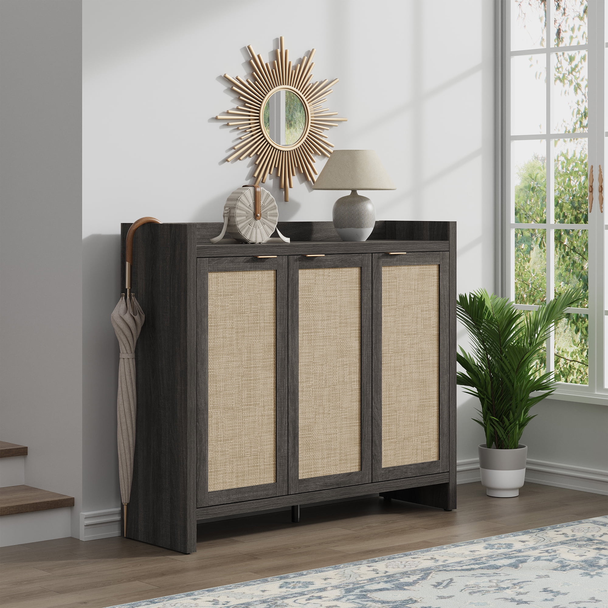 SICOTAS 7 Tier Shoe Storage Cabinet for Entryway, 30 Pairs Rattan Shoe Rack Cabinet with Doors & Adjustable Shelves, Boho Shoe Organizer Cabinet for Hallway, Black Oak