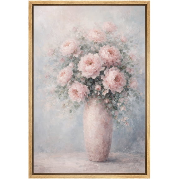 Framed Canvas Print Wall Art Pastel Roses in Elegant Vase Vintage Floral Botanical Art for Living Room, Bedroom, Office - 16"x24" NATURAL