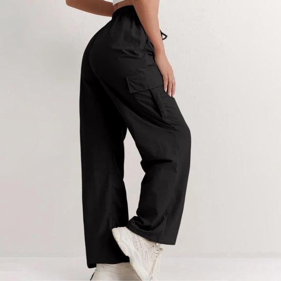 Cargo Pants Women,Baggy High Elastic Waisted Wide Leg Hiking Pants Outdoor Streetwear Trouser with Multiple Pockets Black 2XL