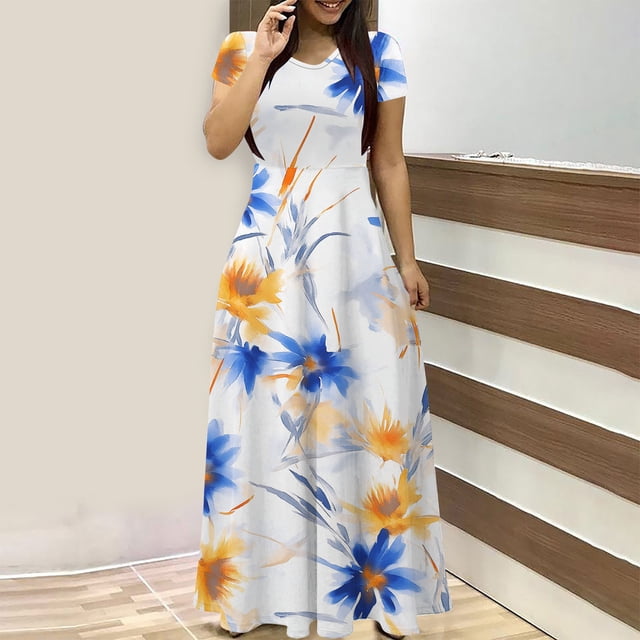 Ovzne Robes pour Femmes Robe d'Été Mode Dames Robe à Manches Courtes Col Rond Robe Longue Imprimée avec Poche Robe d'Été Manches Courtes Imprimée Liquidation