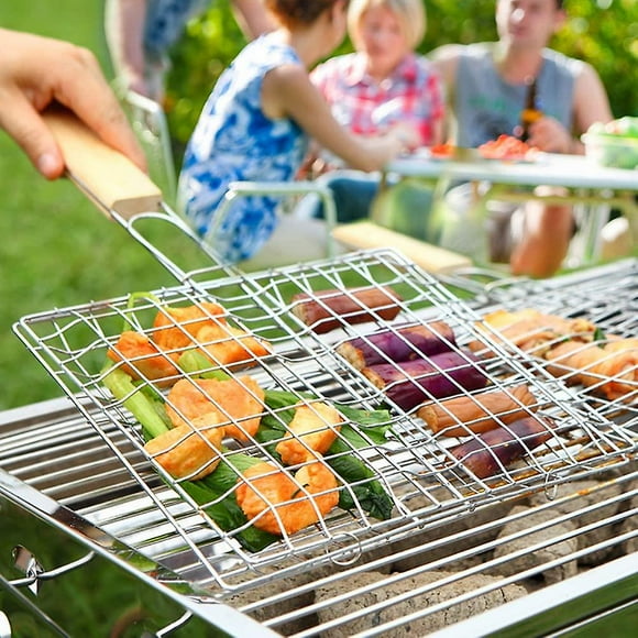 Mesh Basket - Grilled Fish Basket - Folding Vegetable Grill Barbed Wire Grill Grill Accessories with Wooden