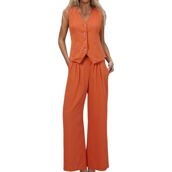 Women's Casual Button Down Sleeveless Vest Shirt & Straight Wide Leg Pants Suit with Pockets