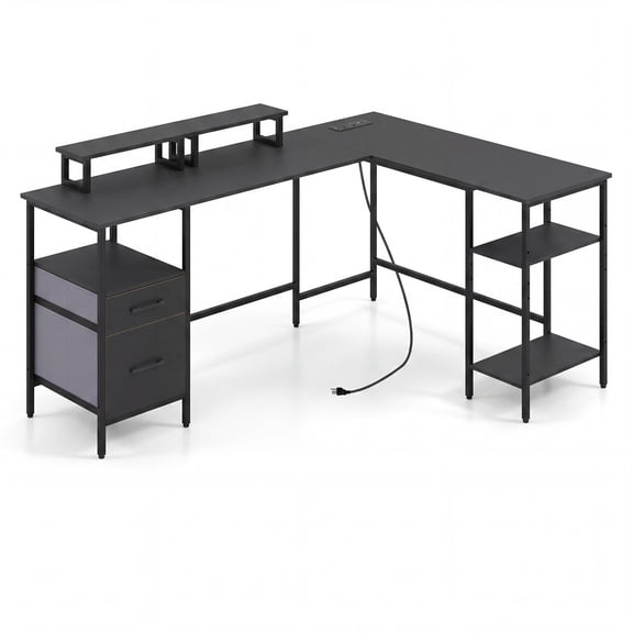 Patiojoy 63" Reversible L Shaped Desk with Power Outlet Computer Desk with Monitor Stands Storage Shelves and 2 Drawers Metal Frame Gaming Desk Black