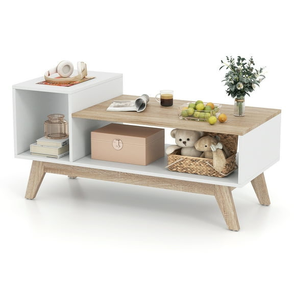 Gymax Coffee Table 43'' Center Table w/ Stepped Tabletop & Storage Compartments