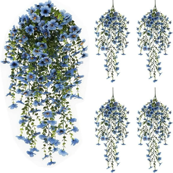 Artificial Fake Hanging Flowers Plants for Outdoors,4 PCS Faux Silk Daisy with Eucalyptus Leaves,UV Resistant Look Real for Outside Home Indoor Planter Porch Patio Balcony Yard Decor (Blue)